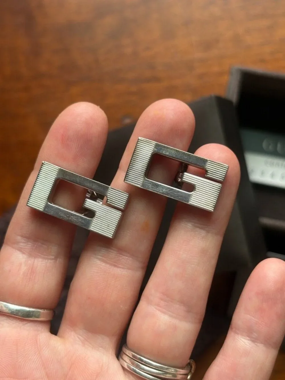Vintage Gucci Sterling Silver Monogram Cufflinks with Box